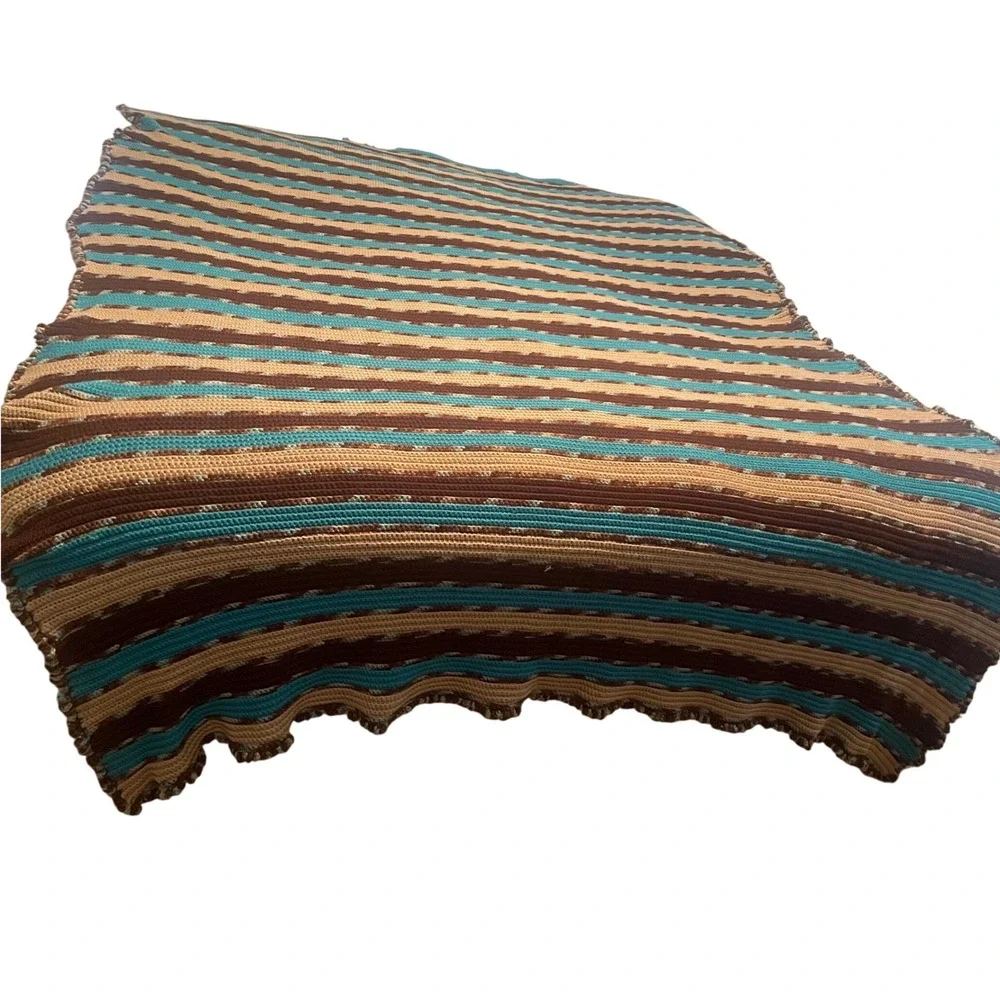 Handmade Crochet Striped Throw Blanket Brown Turquoise Tan Boho Afghan 109
